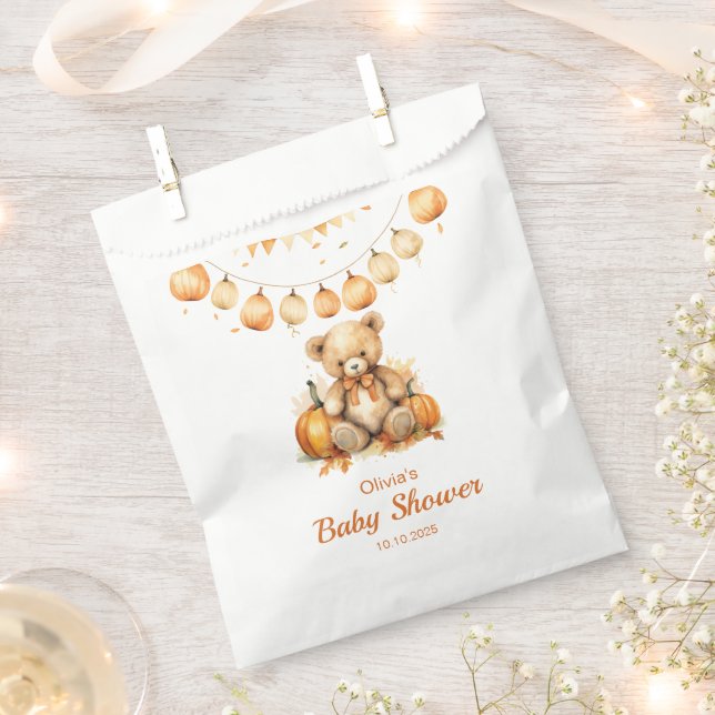 Teddy Bear Pumpkin Bearly Wait neutral Baby Shower Favor Bag (Clipped)