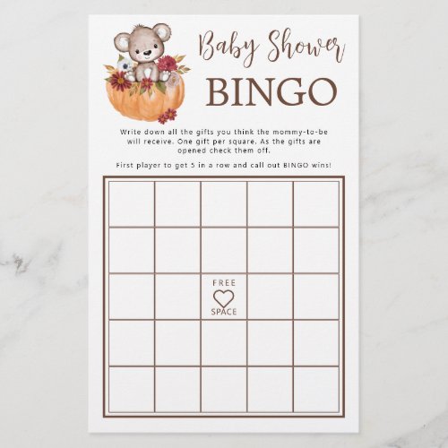Teddy Bear Pumpkin Fall Baby Shower Bingo Game