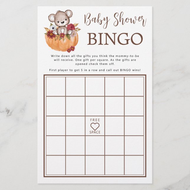 Teddy Bear Pumpkin Fall Baby Shower Bingo Game (Front)