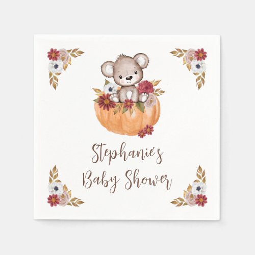 Teddy Bear Pumpkin Fall Floral Baby Shower Napkins