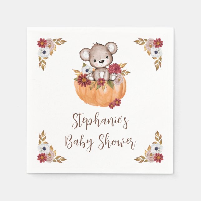 Teddy Bear Pumpkin Fall Floral Baby Shower Napkins (Front)