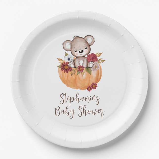 Teddy Bear Pumpkin Fall Floral Baby Shower Paper Plates (Front)
