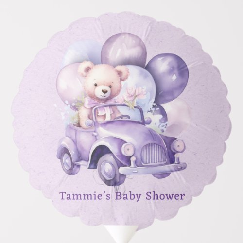 Teddy Bear Purple Balloons Car Girl Baby Shower 