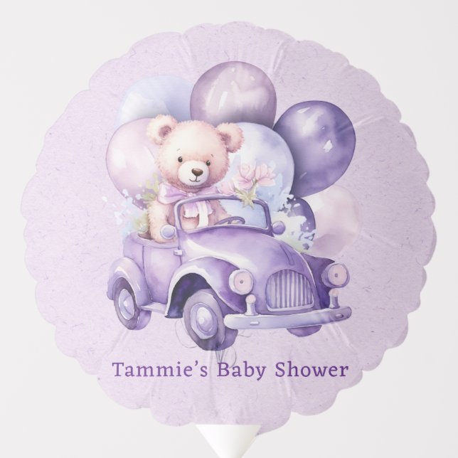 Teddy Bear Purple Balloons Car Girl Baby Shower  (Front)