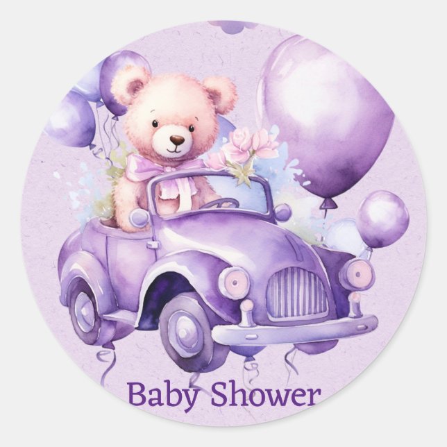 Teddy Bear Purple Balloons Car Girl Baby Shower Classic Round Sticker (Front)