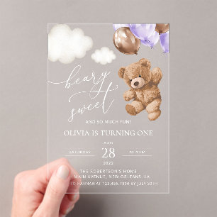 Teddy Bear, Purple Balloons, First Birthday Acrylic Invitations