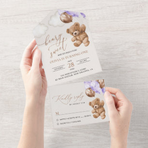Teddy Bear, Purple Balloons, First Birthday All In One Invitation