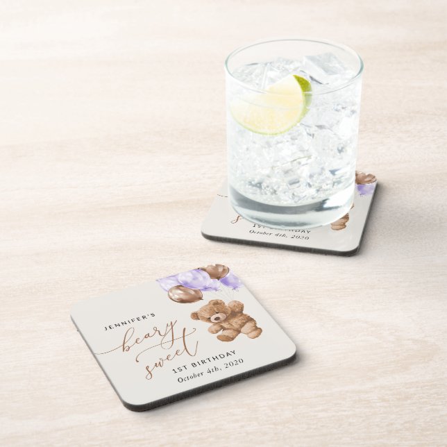 Teddy Bear, Purple Balloons, First Birthday Beverage Coaster (Right Side)