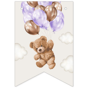 Teddy Bear, Purple Balloons, First Birthday Bunting Flags