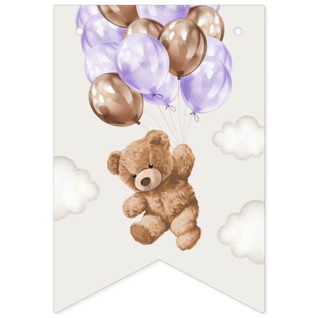 Teddy Bear, Purple Balloons, First Birthday Bunting Flags (First Flag)