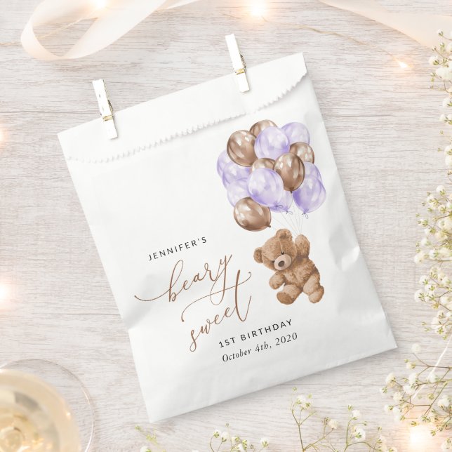 Teddy Bear, Purple Balloons, First Birthday Favor Bag (Clipped)