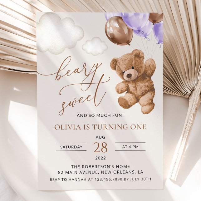 Teddy Bear, Purple Balloons, First Birthday Invitation (Creator Uploaded)