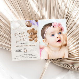Teddy Bear, Purple Balloons, First Birthday Invitation