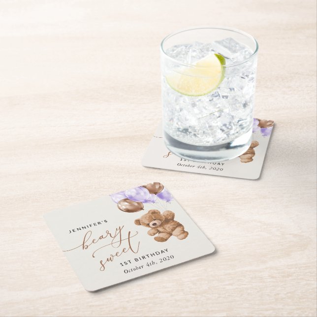 Teddy Bear, Purple Balloons, First Birthday Square Paper Coaster (Insitu)