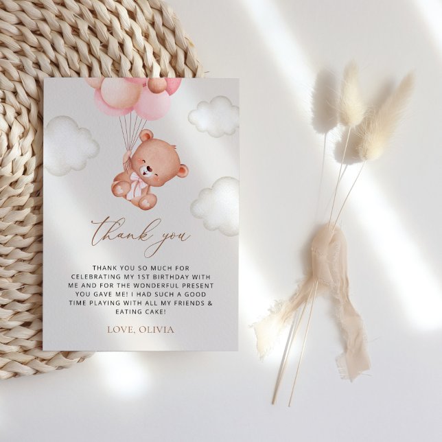 Teddy Bear, Purple Balloons, First Birthday Thank You Card (Creator Uploaded)