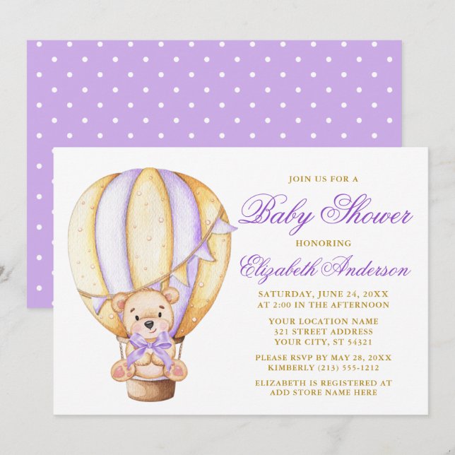 Teddy Bear Purple Bow Air Balloon Dots Baby Shower Invitation (Front/Back)