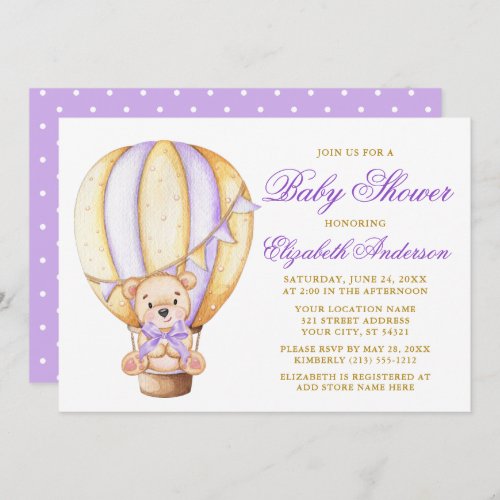 Teddy Bear Purple Bow Air Balloon Dots Baby Shower Invitation
