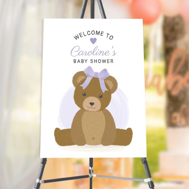 Teddy Bear Purple Bow Girl Baby Shower Welcome Foam Board (Creator Uploaded)