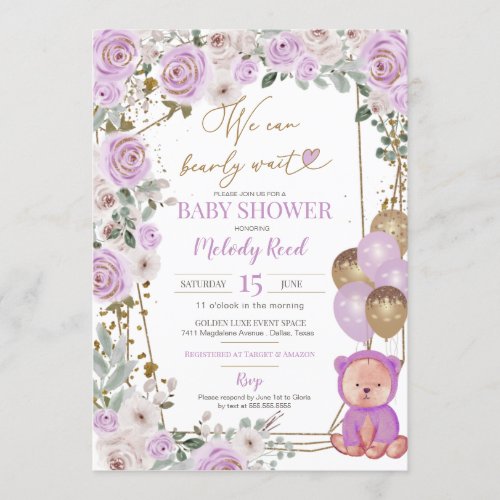 Teddy Bear Purple Floral Balloons Girl Baby Shower Invitation