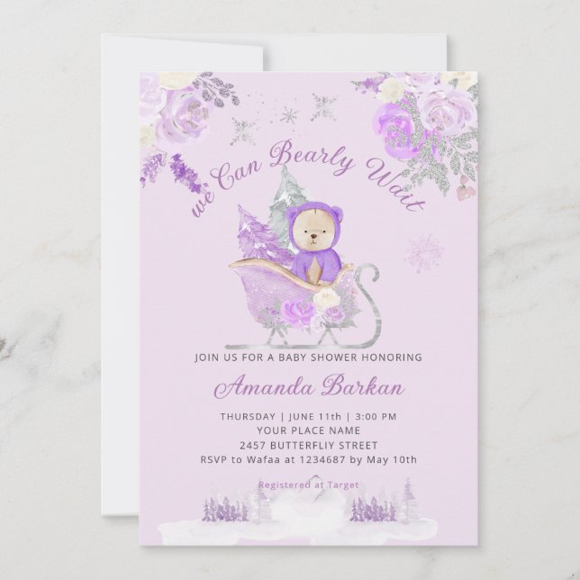 Teddy Bear purple floral Bearly Wait Baby Shower  Invitation (Front)