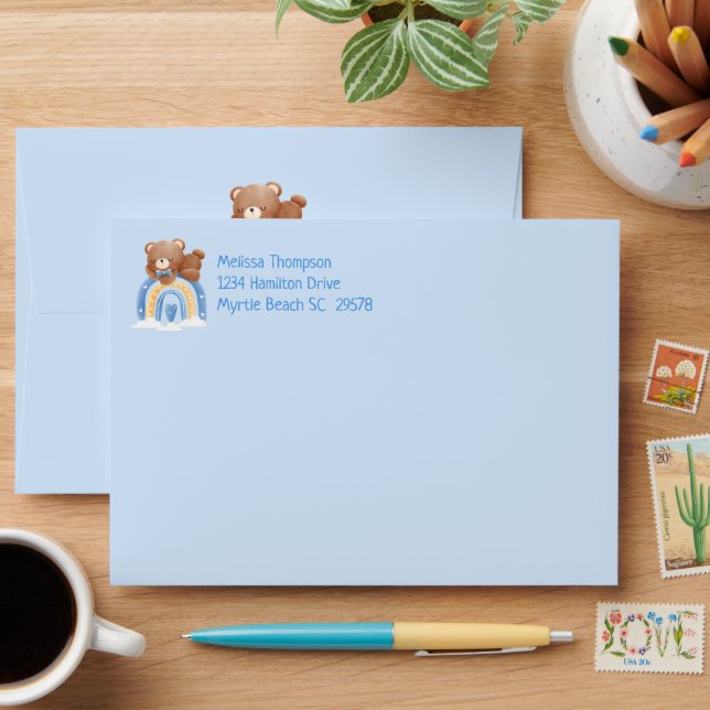 Teddy Bear Rainbow Boys Baby Shower Address  Blue Envelope (Desk)