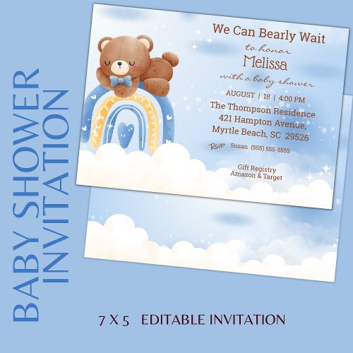 Teddy Bear Rainbow Boys Baby Shower Invitation