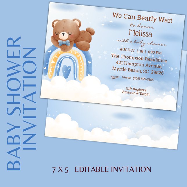 Teddy Bear Rainbow Boys Baby Shower Invitation (Creator Uploaded)