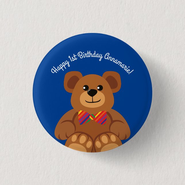 Teddy Bear Rainbow Cute 1st Birthday Party Button (Front)