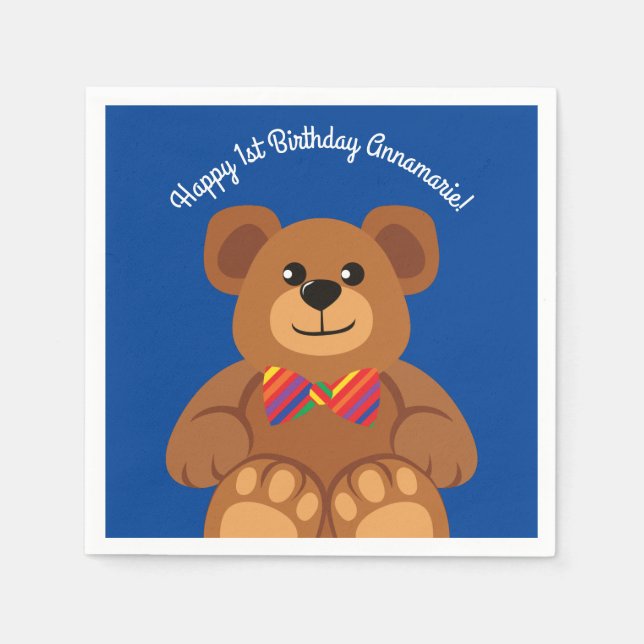 Teddy Bear Rainbow Cute 1st Birthday Party Napkins (Front)