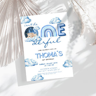 Teddy bear rainbow Isn't he Onederful 1st Birthday Invitation