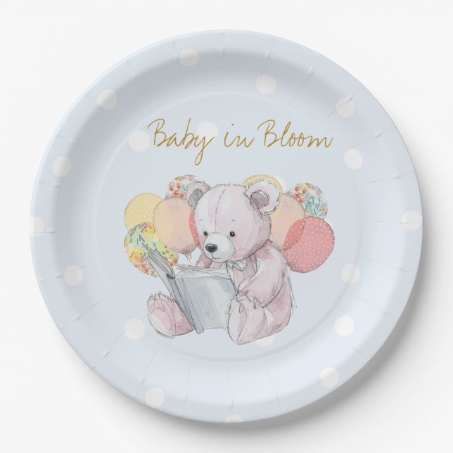 Teddy Bear reading a book Baby in Bloom Paper Plates (Front)