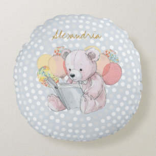 Teddy Bear reading a book Baby in Bloom Round Pillow