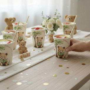 Teddy Bear Reading Book Watercolor Baby Shower Paper Cups