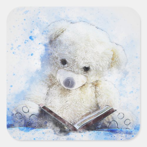 Teddy Bear Reading Classic Square Stickers