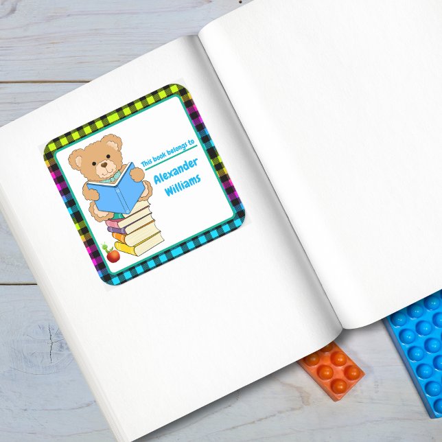 Teddy Bear Reading His Books Personalized  Square Sticker (Creator Uploaded)