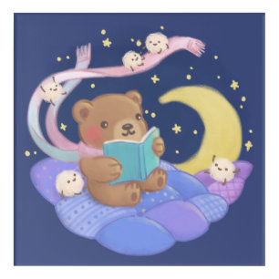 Teddy Bear Reading w/ Fluffy Monsters Illustration Acrylic Print