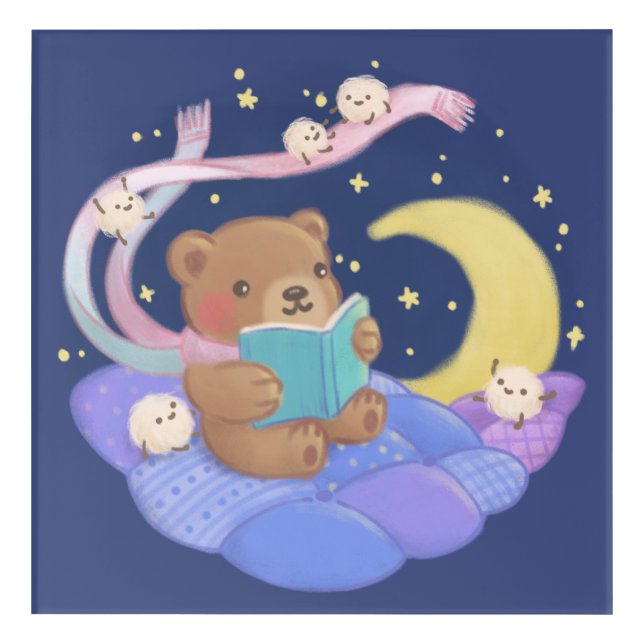 Teddy Bear Reading w/ Fluffy Monsters Illustration Acrylic Print (Front)