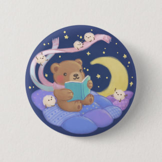 Teddy Bear Reading w/ Fluffy Monsters Illustration Button