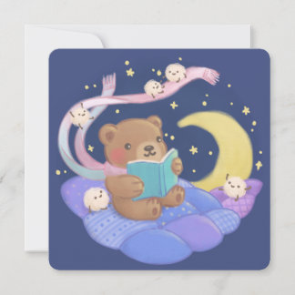 Teddy Bear Reading w/ Fluffy Monsters Illustration Invitation