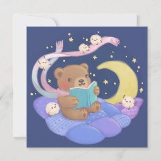 Teddy Bear Reading w/ Fluffy Monsters Illustration Invitation
