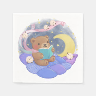 Teddy Bear Reading w/ Fluffy Monsters Illustration Napkins