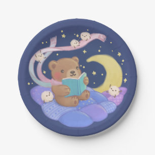 Teddy Bear Reading w/ Fluffy Monsters Illustration Paper Plates