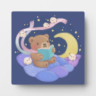 Teddy Bear Reading w/ Fluffy Monsters Illustration Plaque