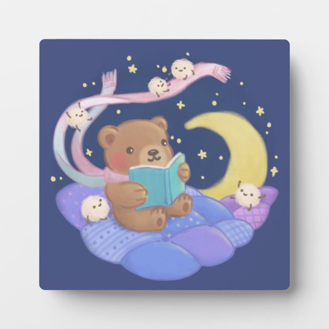 Teddy Bear Reading w/ Fluffy Monsters Illustration Plaque (Front)