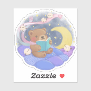 Teddy Bear Reading w/ Fluffy Monsters Illustration Sticker
