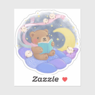 Teddy Bear Reading w/ Fluffy Monsters Illustration Sticker