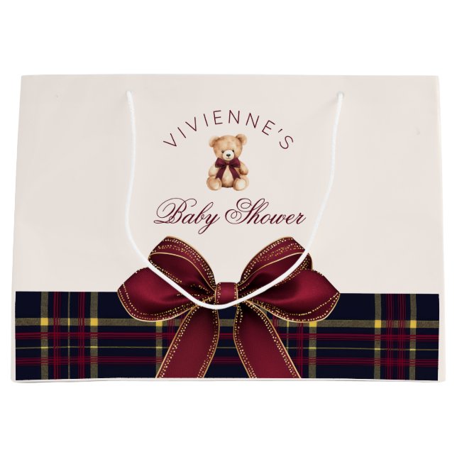Teddy Bear Red Gold Bow Plaid Baby Shower Large Gift Bag (Front)