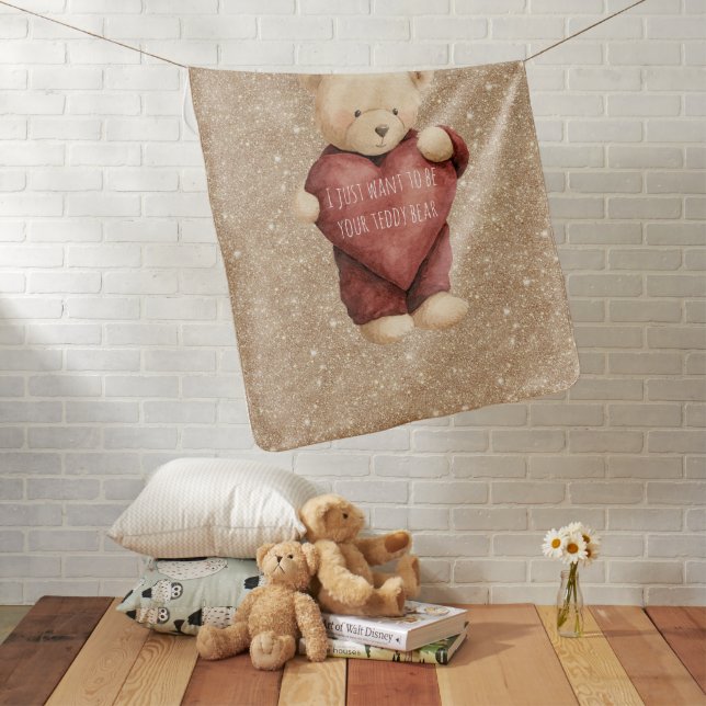 Teddy Bear Red Heart Gold Glitter Baby Blanket (In Situ)