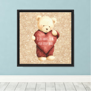 Teddy Bear Red Heart Gold Glitter Canvas Print