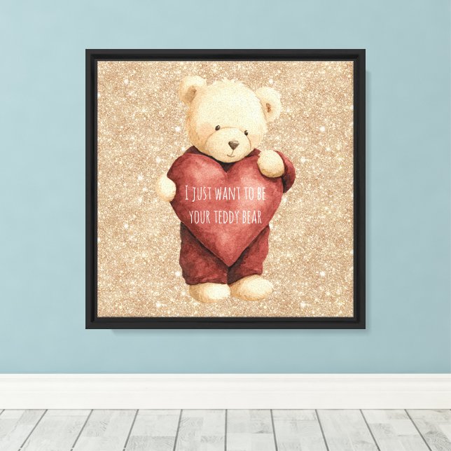 Teddy Bear Red Heart Gold Glitter Canvas Print (Insitu(Wood Floor))
